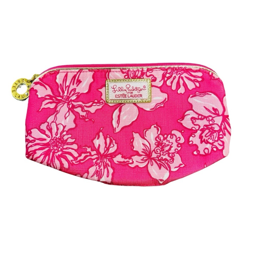 NWOT‎ Lilly Pulitzer For Estee Lauder "Frosty Floral" Pink Cosmetic Bag Gold